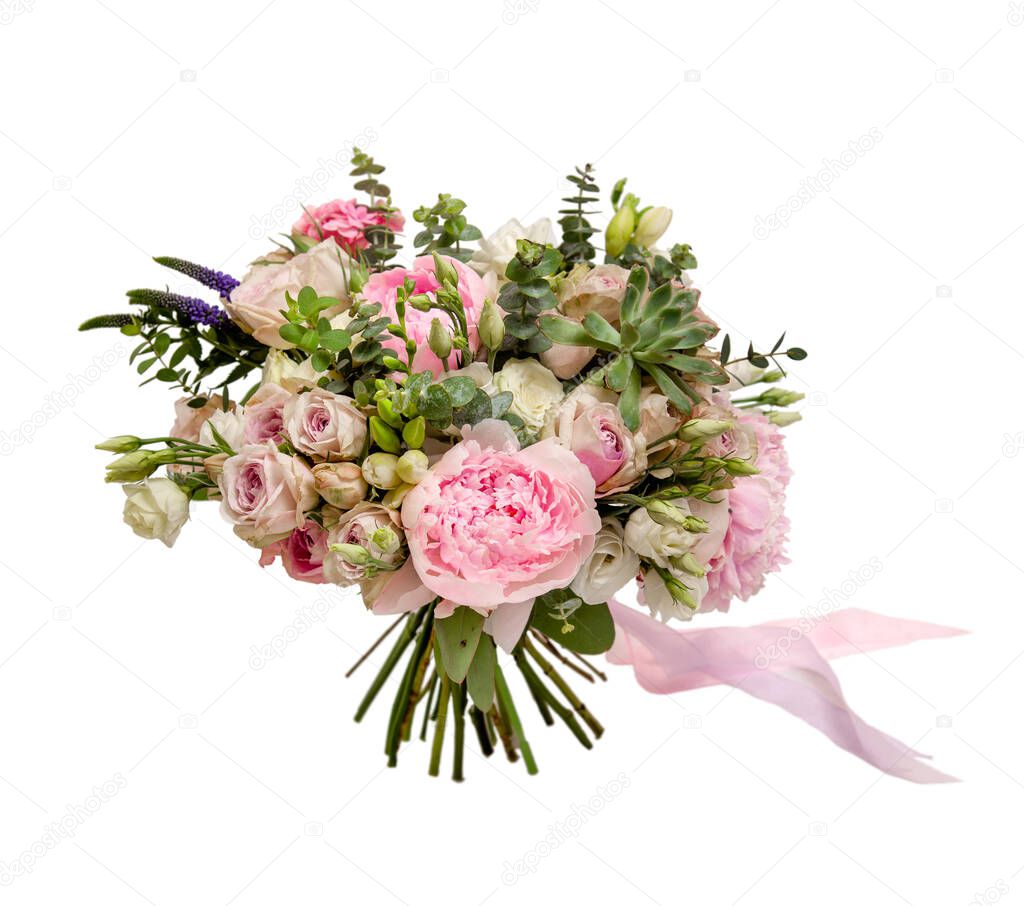 a wedding bouquet in pastel colors, consisting of roses, peonies, eucalyptus leaves and decorated with a pink ribbon, on a white background