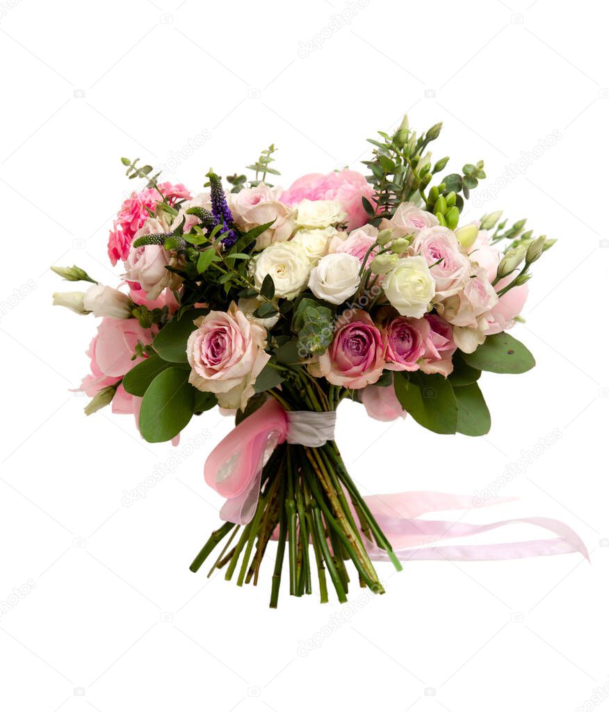 a wedding bouquet in pastel colors, consisting of roses, eucalyptus leaves and decorated with a pink ribbon, on a white background