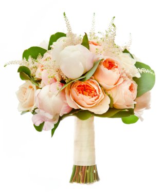 Ranunculus asiaticus ve beyaz şakayıklı düğün buketi