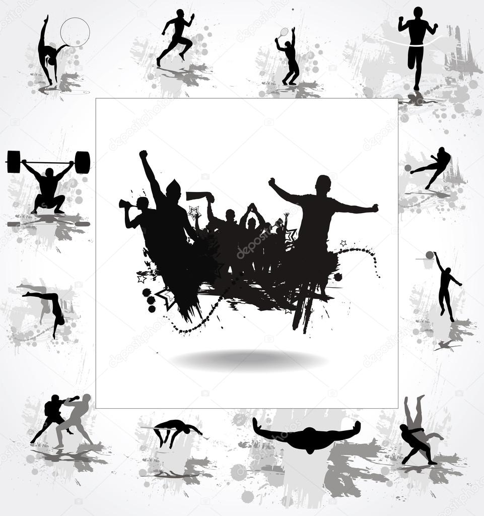 Silhouettes of athletes and posters with cheering fans