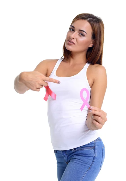 Mujeres mano sosteniendo rosa cáncer de mama conciencia cinta — Foto de Stock