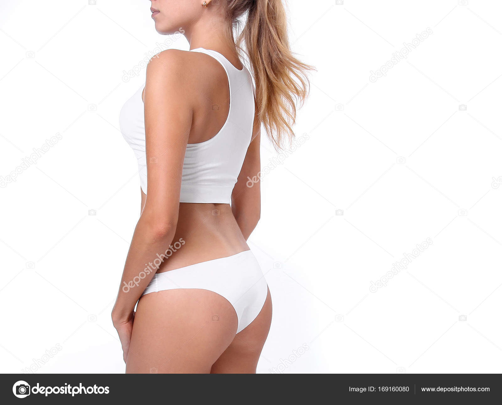 Sexy woman in white underwear on white background, isolated Stock