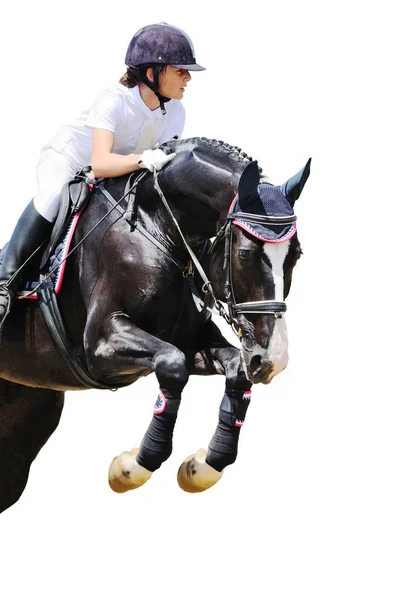 Jeune fille sur le cheval noir en sautant spectacle isolé Photos De Stock Libres De Droits