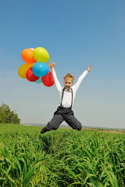 Happy Boy Balloons Outdoors — Stock Photo, Image