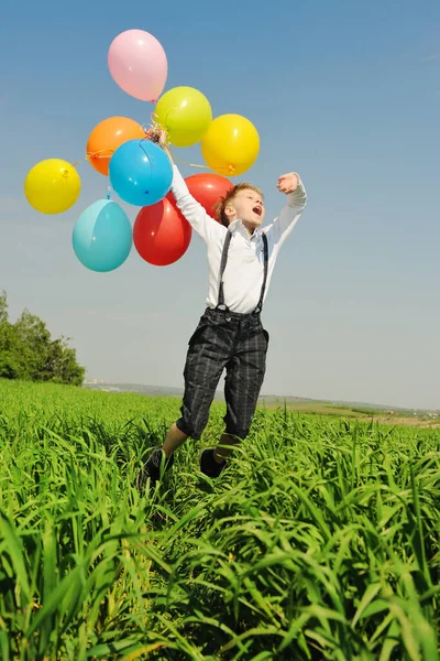 Happy Boy Balloons Outdoors — Stock Photo, Image