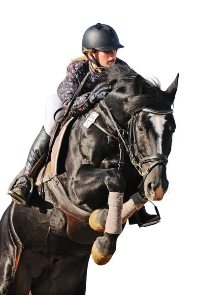 Молодая девушка на черной лошади в прыжках шоу изолированы — стоковое фото