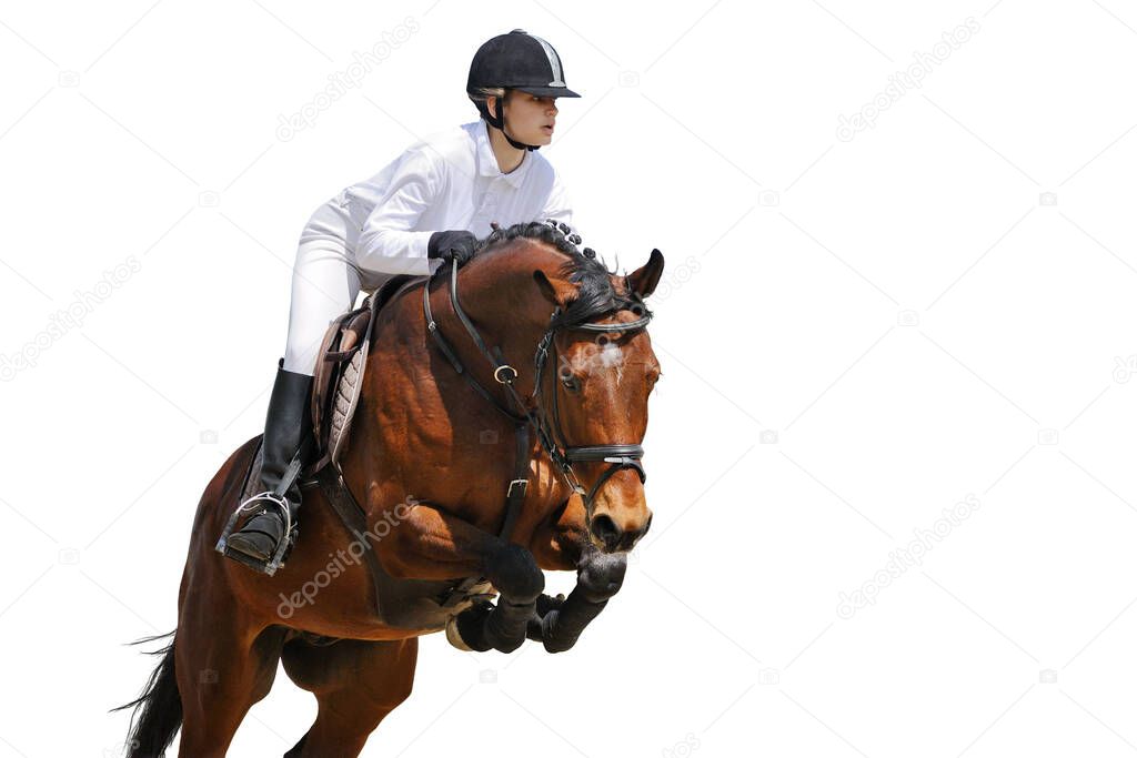 Young girl on black horse in jumping show isolated