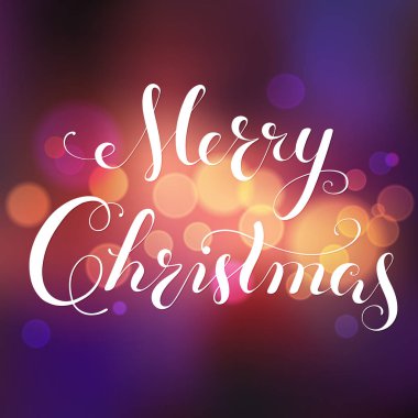 Neşeli Noel tebrik kartı. Modern hat yazı. Bokeh arka plan, bulanık şenlikli ışıklar.