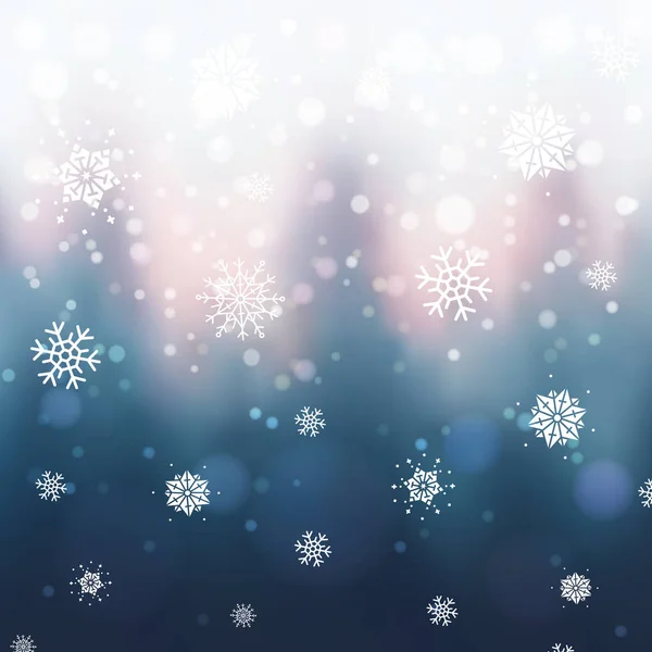 Fondo de Navidad abstracto con bosque de invierno borroso, copos de nieve y bokeh. Puesta de sol sobre árboles de invierno . — Archivo Imágenes Vectoriales
