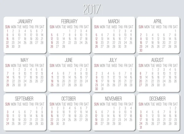 År 2017 månedlig kalender – Stock-vektor