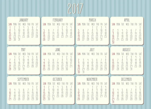 Année 2017 calendrier mensuel — Image vectorielle