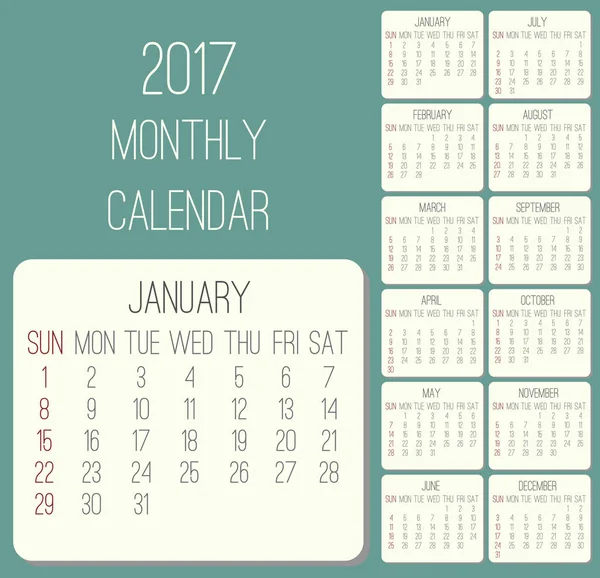 Anno 2017 calendario mensile — Vettoriale Stock