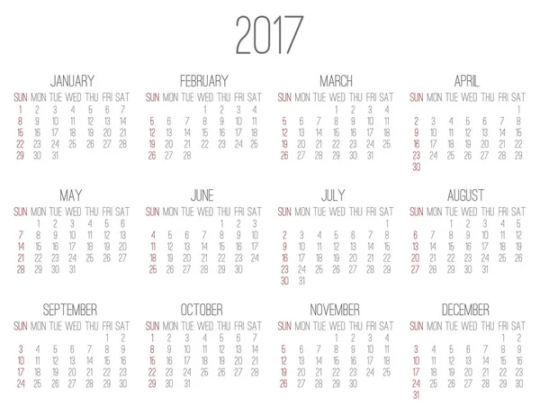 Jahr 2017 monatlicher Kalender — Stockvektor