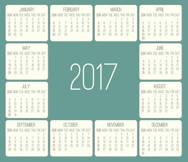 Año 2017 calendario mensual — Archivo Imágenes Vectoriales