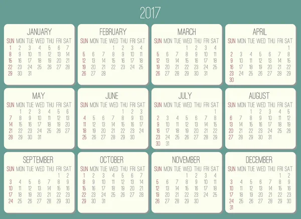 Año 2017 calendario mensual — Archivo Imágenes Vectoriales