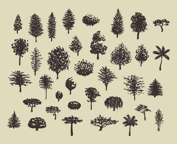 Bosque árboles siluetas conjunto — Vector de stock