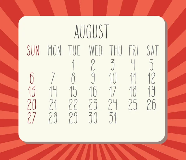 Kalender August 2017 — Stockvektor