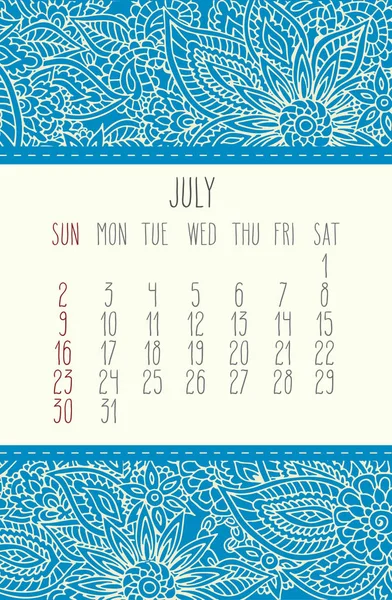 Calendario di luglio 2017 — Vettoriale Stock