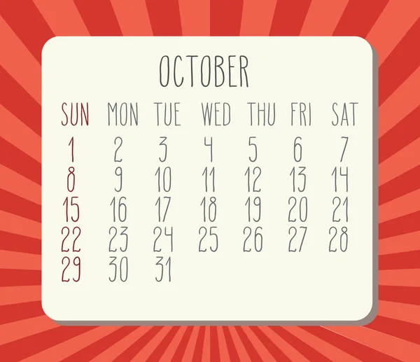Calendario octubre 2017 — Archivo Imágenes Vectoriales