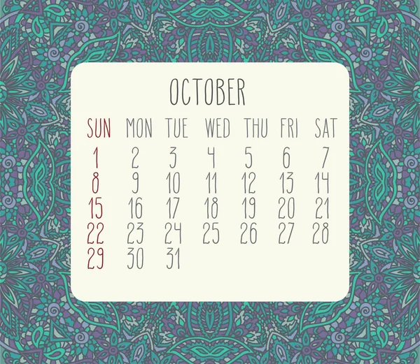 Oktober 2017 kalender — Stock vektor