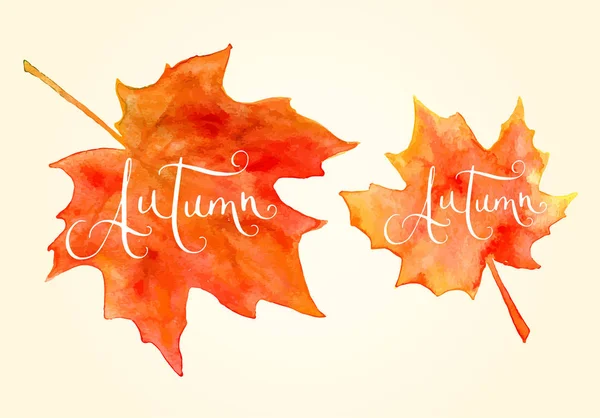 Acuarela hojas de arce y palabra de otoño — Vector de stock