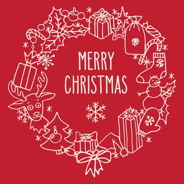 Noel çorap asılmış clothesline Noel simgeleri çelenk düz çizgi stili olarak kırmızı arka plan üzerinde