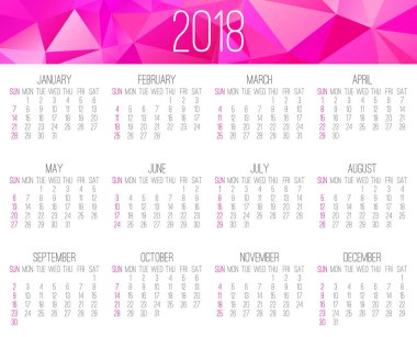 Yıl 2018 vektör aylık takvim. Hafta Pazar başlayarak. Pembe renk tasarımında çağdaş düşük Poli.
