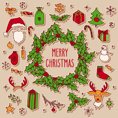 Noel tebrik kartı doodle çelenk