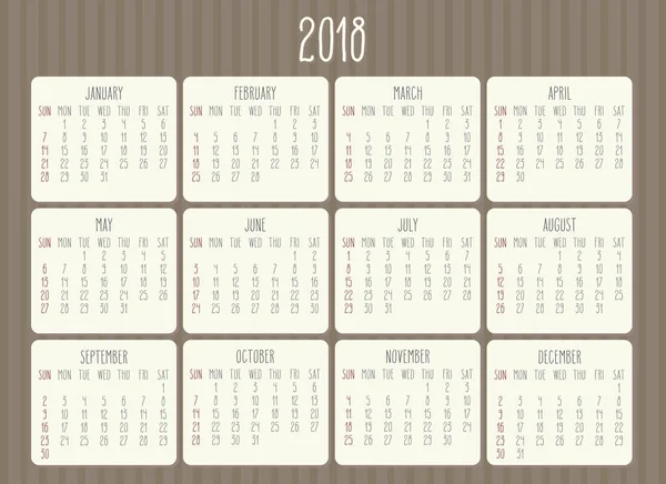Jahr 2018 monatlicher Kalender — Stockvektor