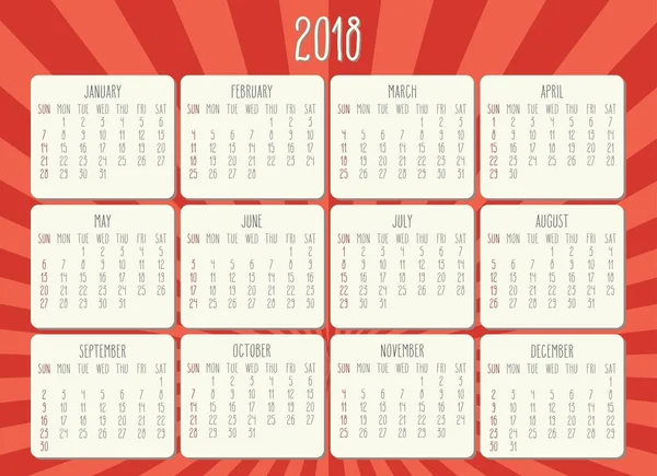 Année Calendrier mensuel 2018 — Image vectorielle