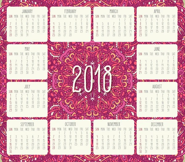 Année Calendrier mensuel 2018 — Image vectorielle