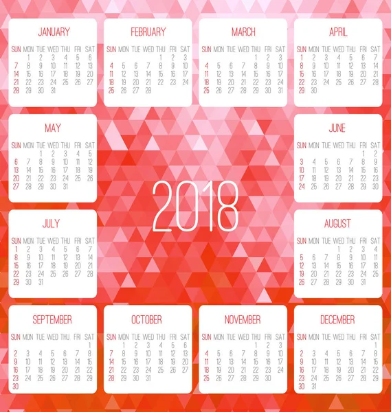 Ano 2018 Vetor Calendário Mensal Semana Partir Domingo Design Poli — Vetor de Stock