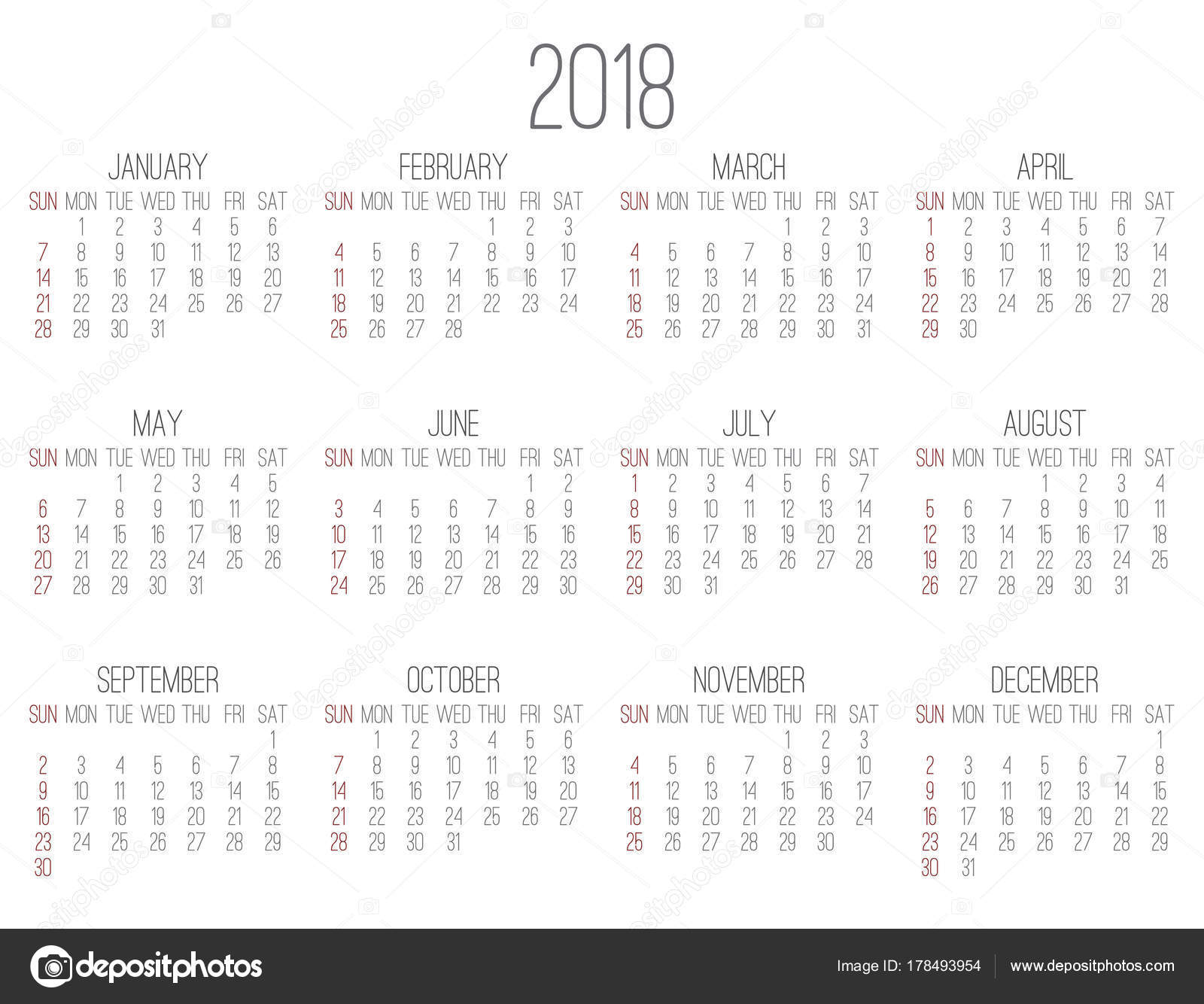 2018 monthly calender