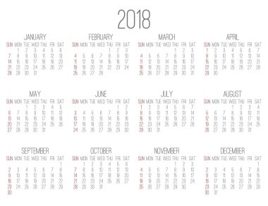 Yıl 2018 aylık takvim