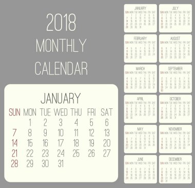 Yıl 2018 aylık takvim