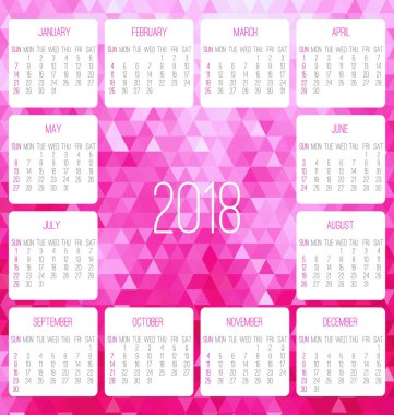 Yıl 2018 vektör aylık takvim. Hafta Pazar başlayarak. Canlı pembe renk tasarımında çağdaş düşük Poli.