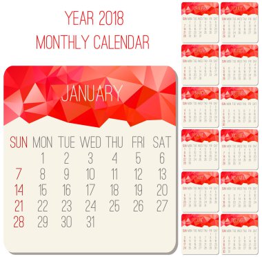 Yıl 2018 vektör aylık takvim. Hafta Pazar başlayarak. Çağdaş düşük Poli dizayn canlı kırmızı renkli.