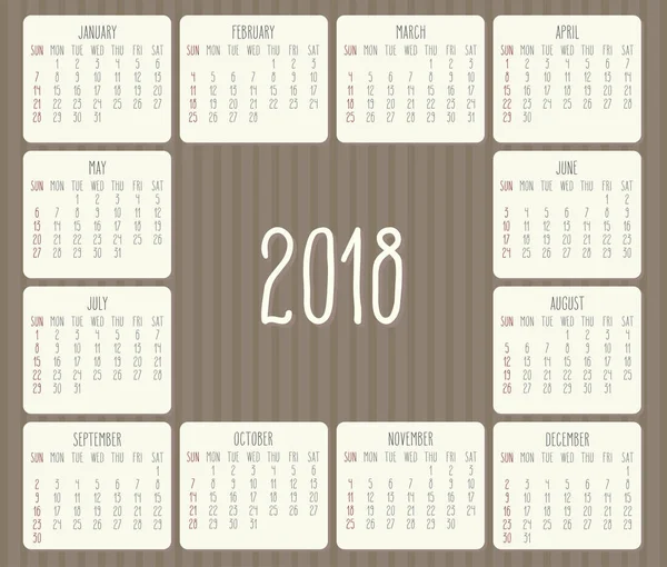 Año 2018 calendario mensual — Vector de stock