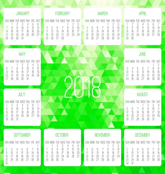 Año 2018 Vector Calendario Mensual Semana Partir Del Domingo Diseño — Vector de stock