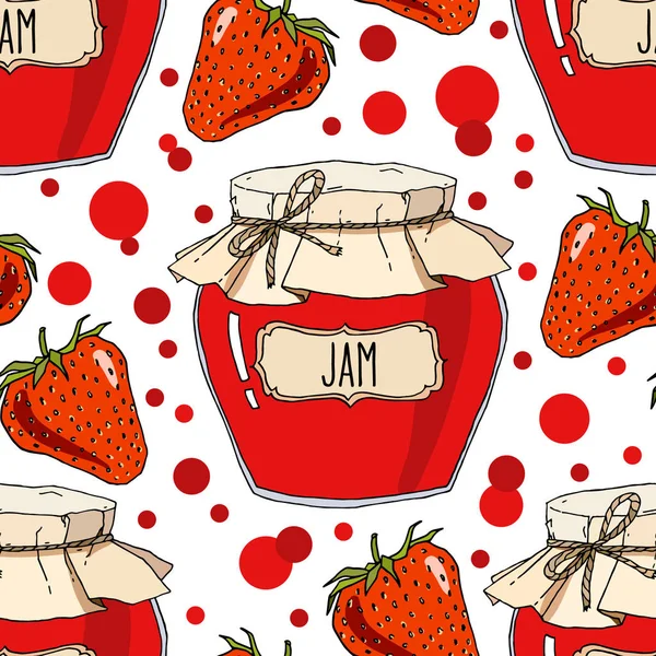 Hand drawn strawberry jam jars seamless pattern — Stock Vector