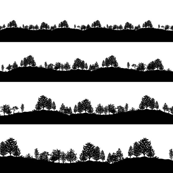Deciduous trees silhouettes backgrounds vector illustration. Set of horizontal abstract banners of wood covered hills in black and white.