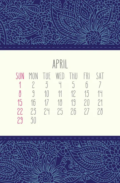 Ano de abril 2018 calendário — Vetor de Stock