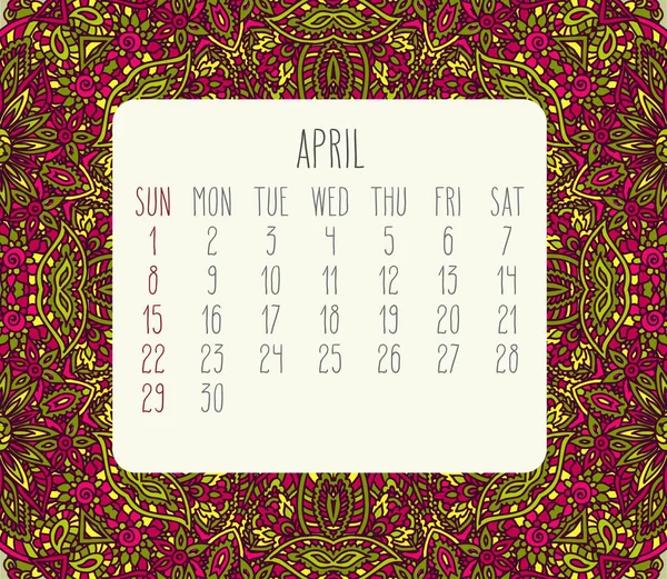 Ano de abril 2018 calendário — Vetor de Stock