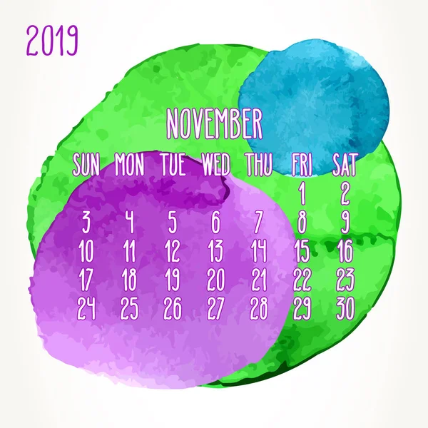 Νοέμβριος έτος 2019 πολύχρωμο ακουαρέλα χρώμα μηνιαίο ημερολόγιο — Διανυσματικό Αρχείο