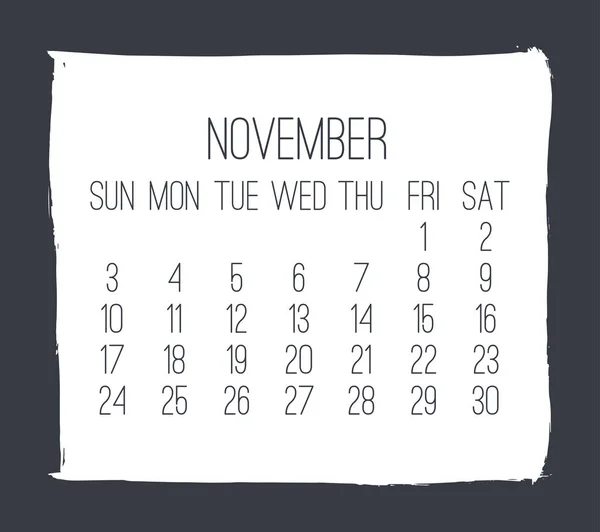 November Jahr 2019 monatlicher Kalender — Stockvektor