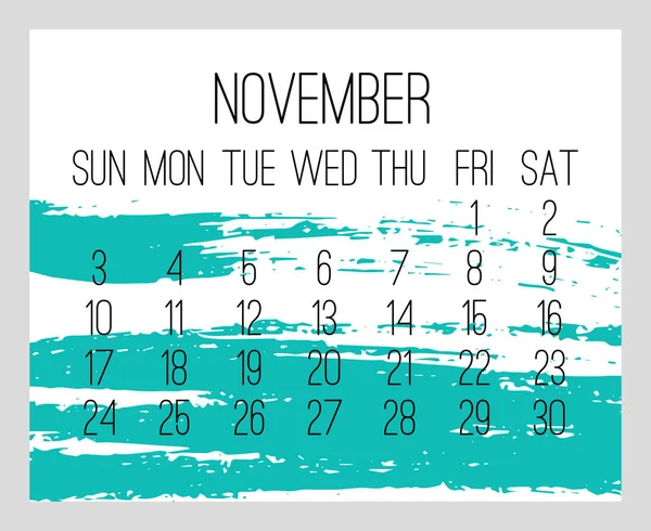 November Jahr 2019 monatlicher Kalender — Stockvektor