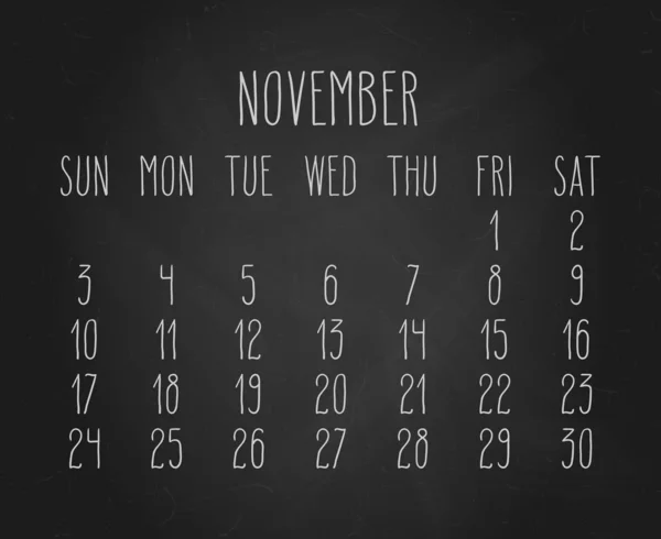 Novembre 2019 calendario mensile nero lavagna — Vettoriale Stock