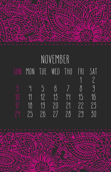 Año noviembre 2019 calendario mensual — Vector de stock