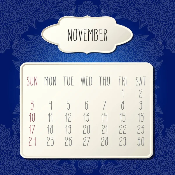 November Jahr 2019 blauer Monatskalender — Stockvektor
