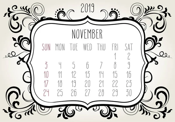 November jaar 2019 maandelijkse kalender — Stockvector